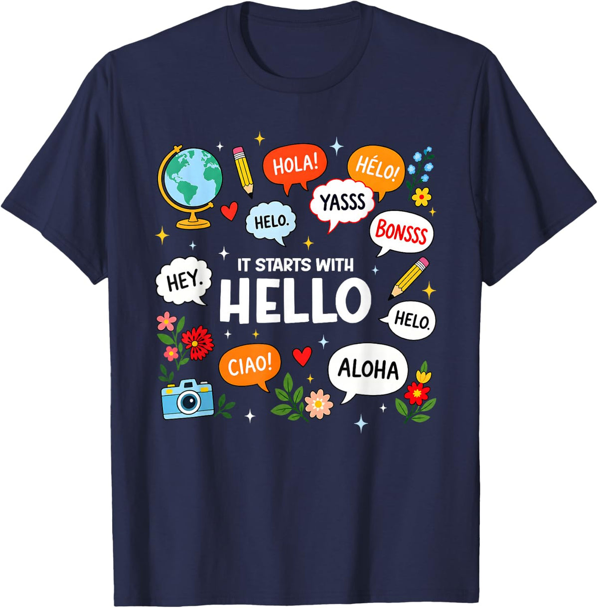 It Starts with Hello Friend Inclusion Language SLP Teacher T-Shirt - Navy Blue
