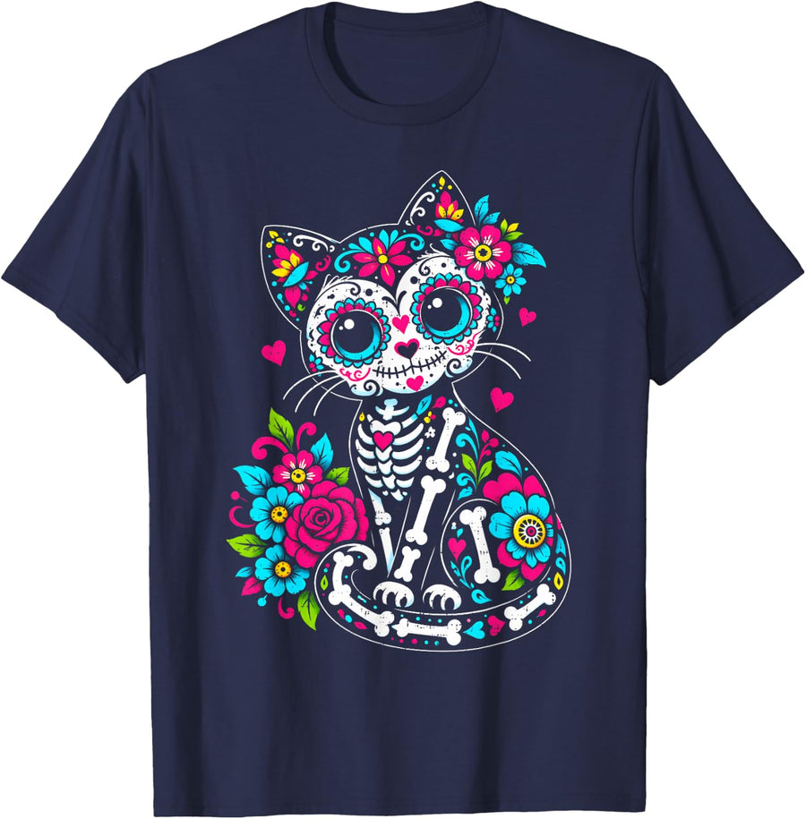 Dia De Los Muertos Cat Sugar Skull Cinco De Mayo Men Women T-Shirt - Navy Blue