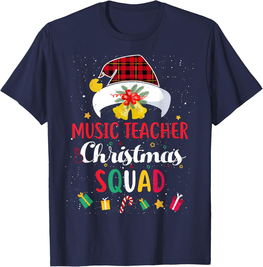Music Teacher Christmas Squad Santa Hat Match T-Shirt - Navy Blue