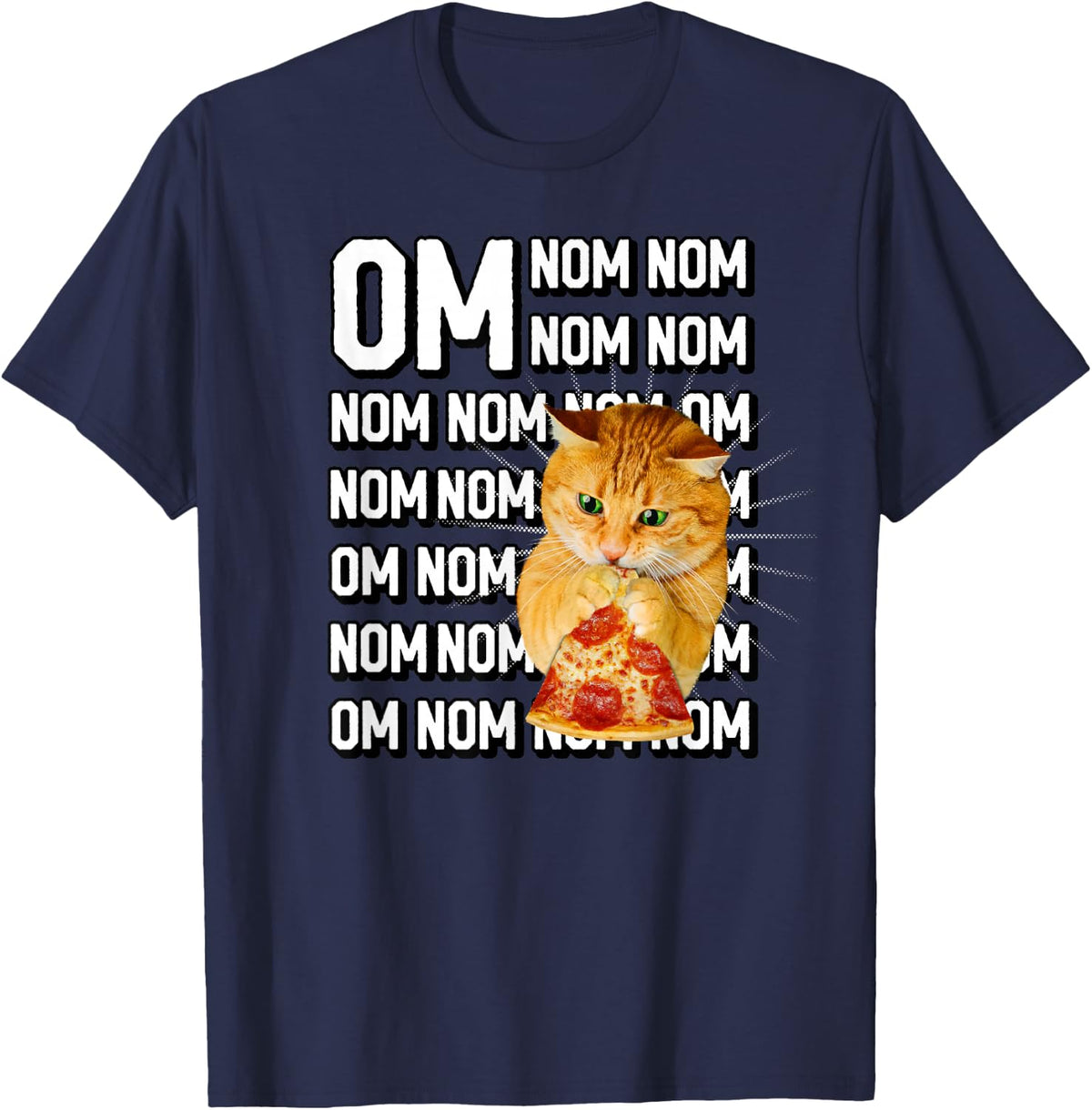 Funny Om Nom Nom Orange Cat Eating Pepperoni Pizza T-Shirt - Navy Blue