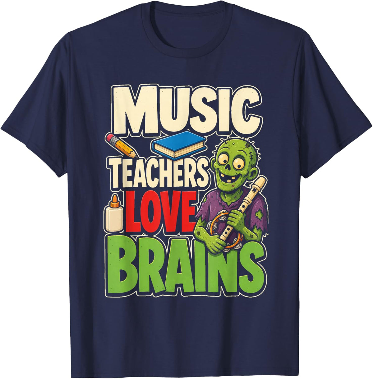 Music Teacher Love Brains Zombie Elementary Recorder Gift T-Shirt - Navy Blue