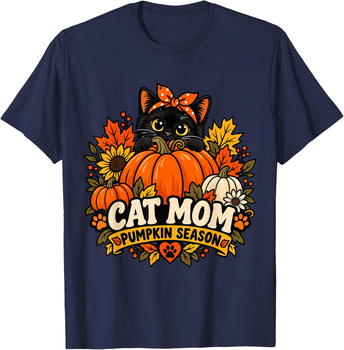 Cat Mom Pumpkin Season Kitten Sunflower Fall T-Shirt - Navy Blue