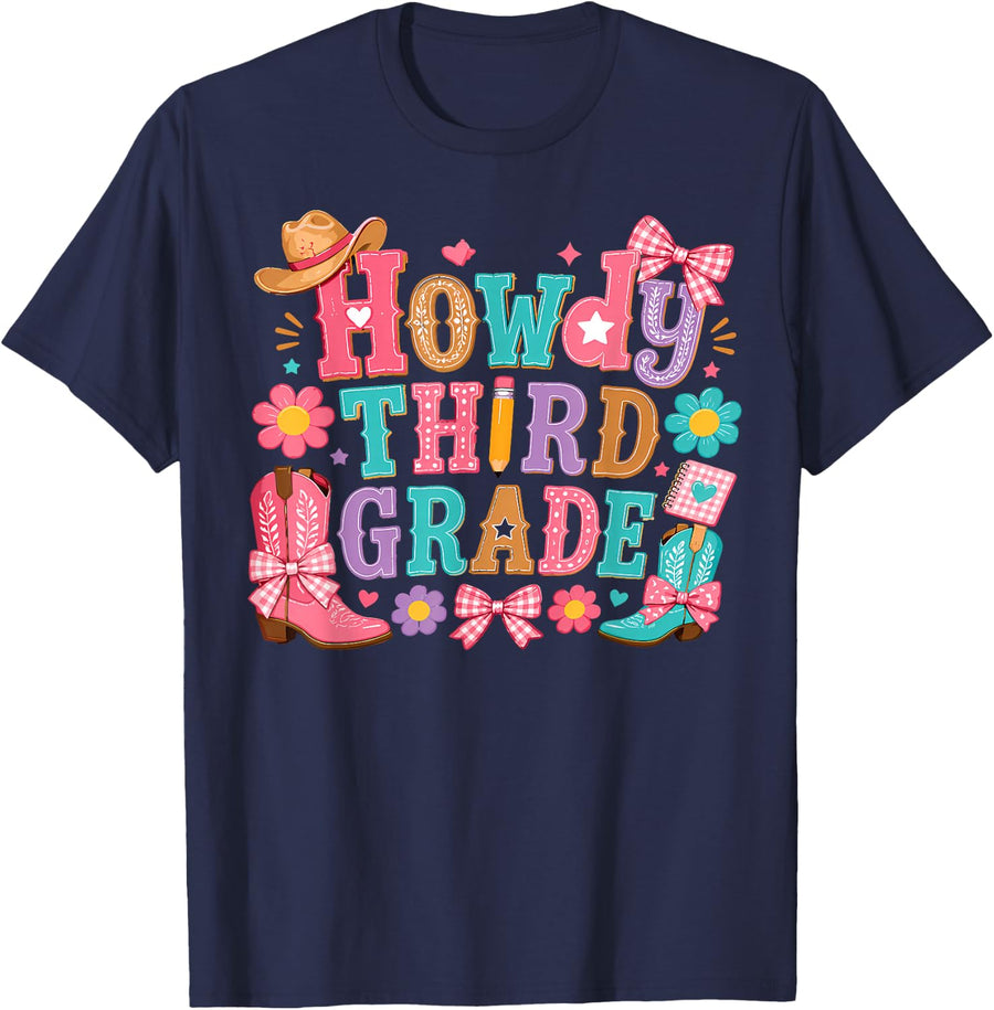Third Grade Teacher Shirt Howdy Cowboy Cowgirl Back to School Tee T-Shirt - Navy Blue