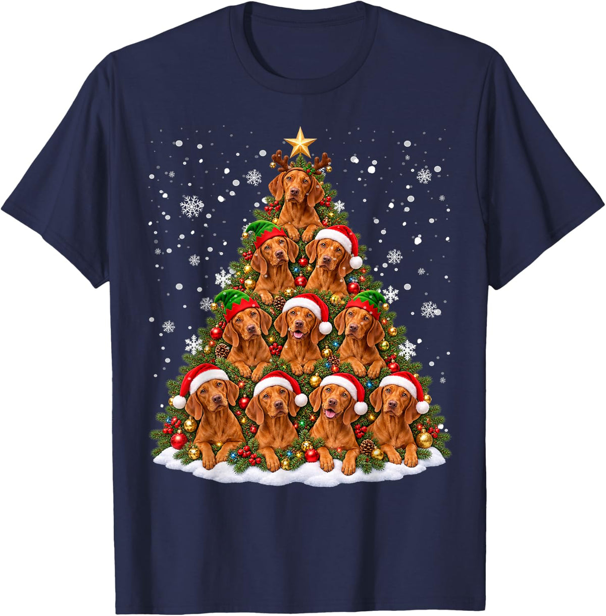 Funny Christmas Tree Vizsla Family Xmas Pajamas T-Shirt - Navy Blue