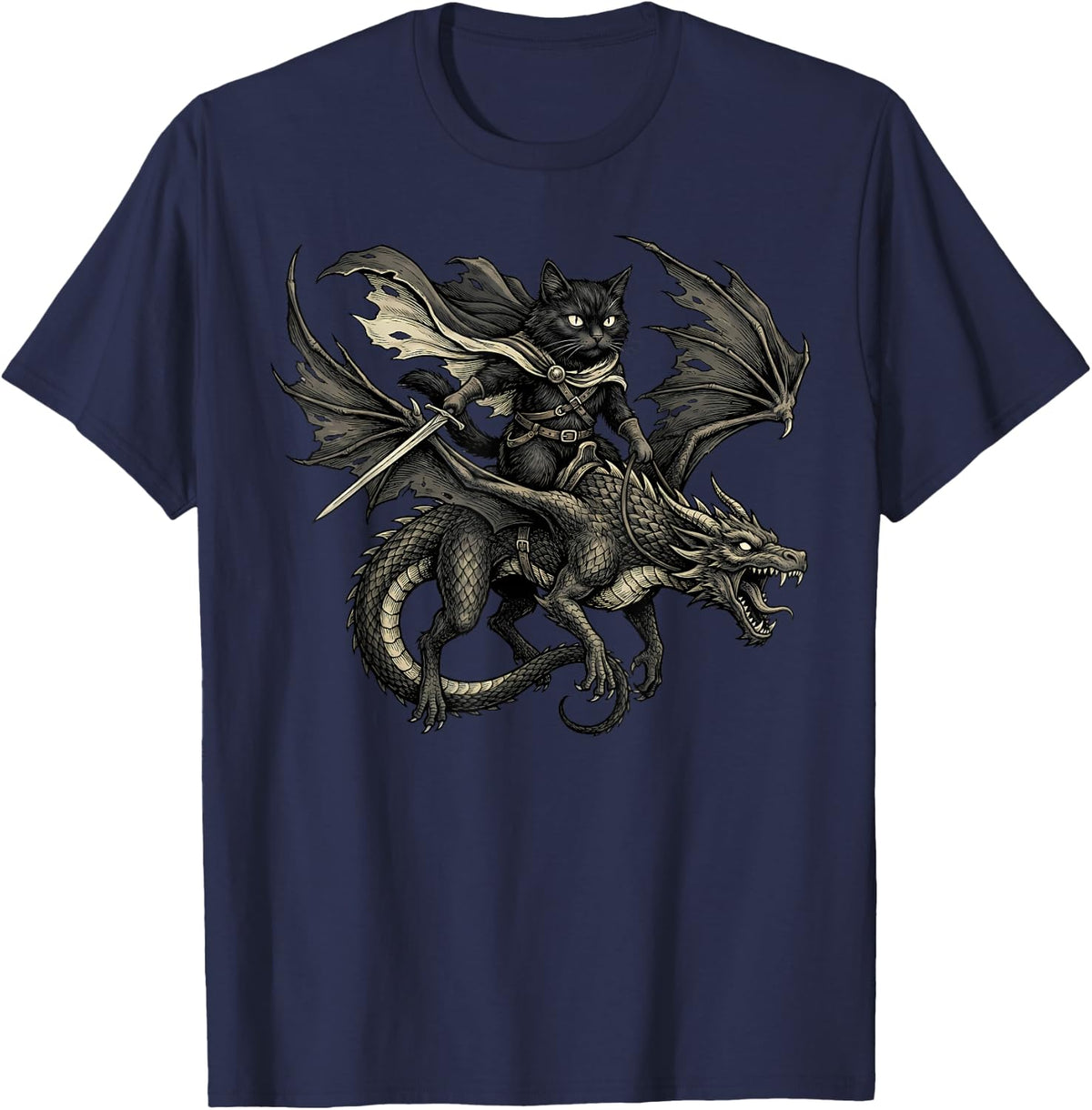 Fantasy Warrior Black Cat Riding Dragon Knight Medieval Tee T-Shirt - Navy Blue