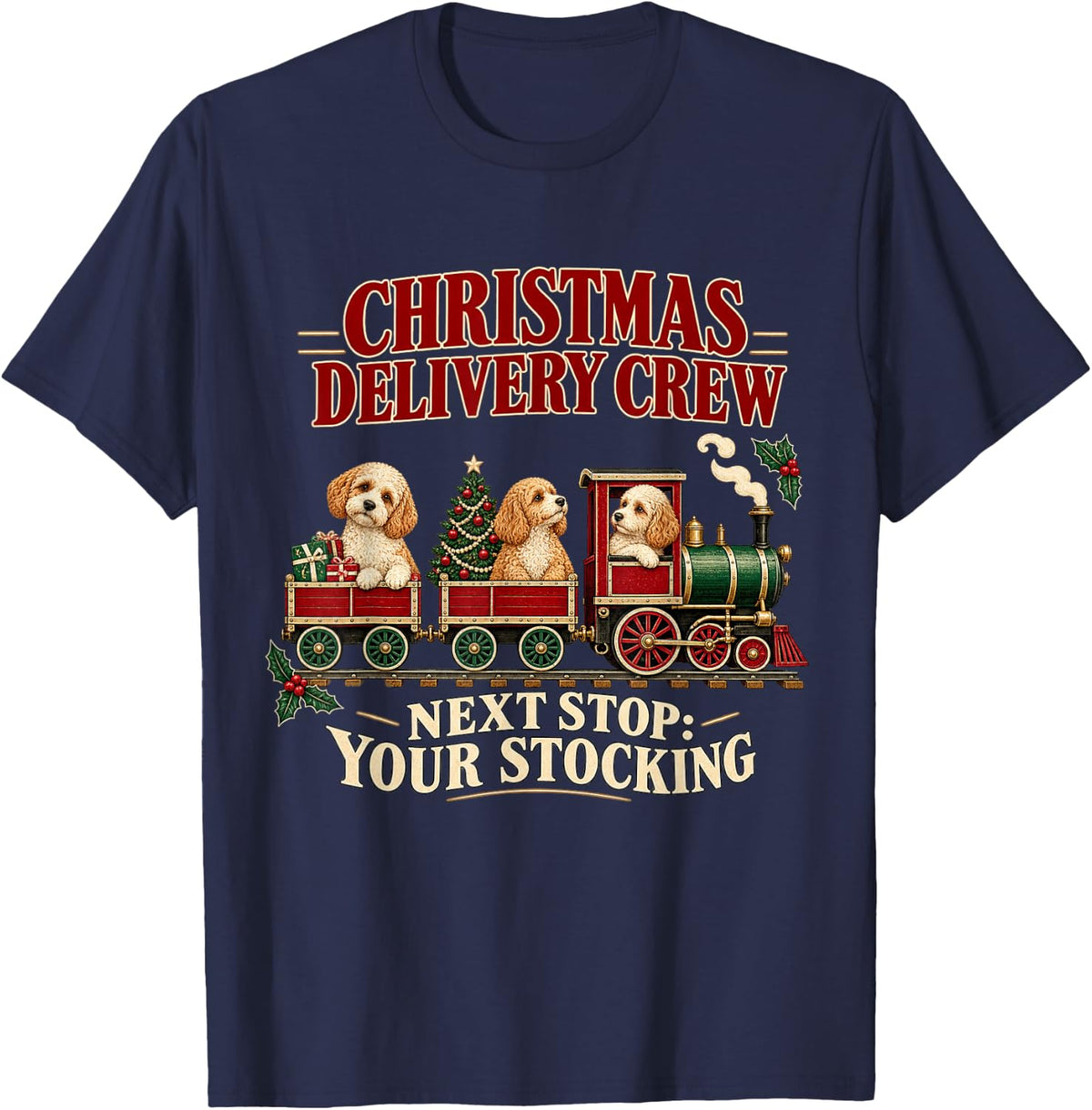 Cavapoo Dog Vintage Christmas Steam Train T-Shirt - Navy Blue