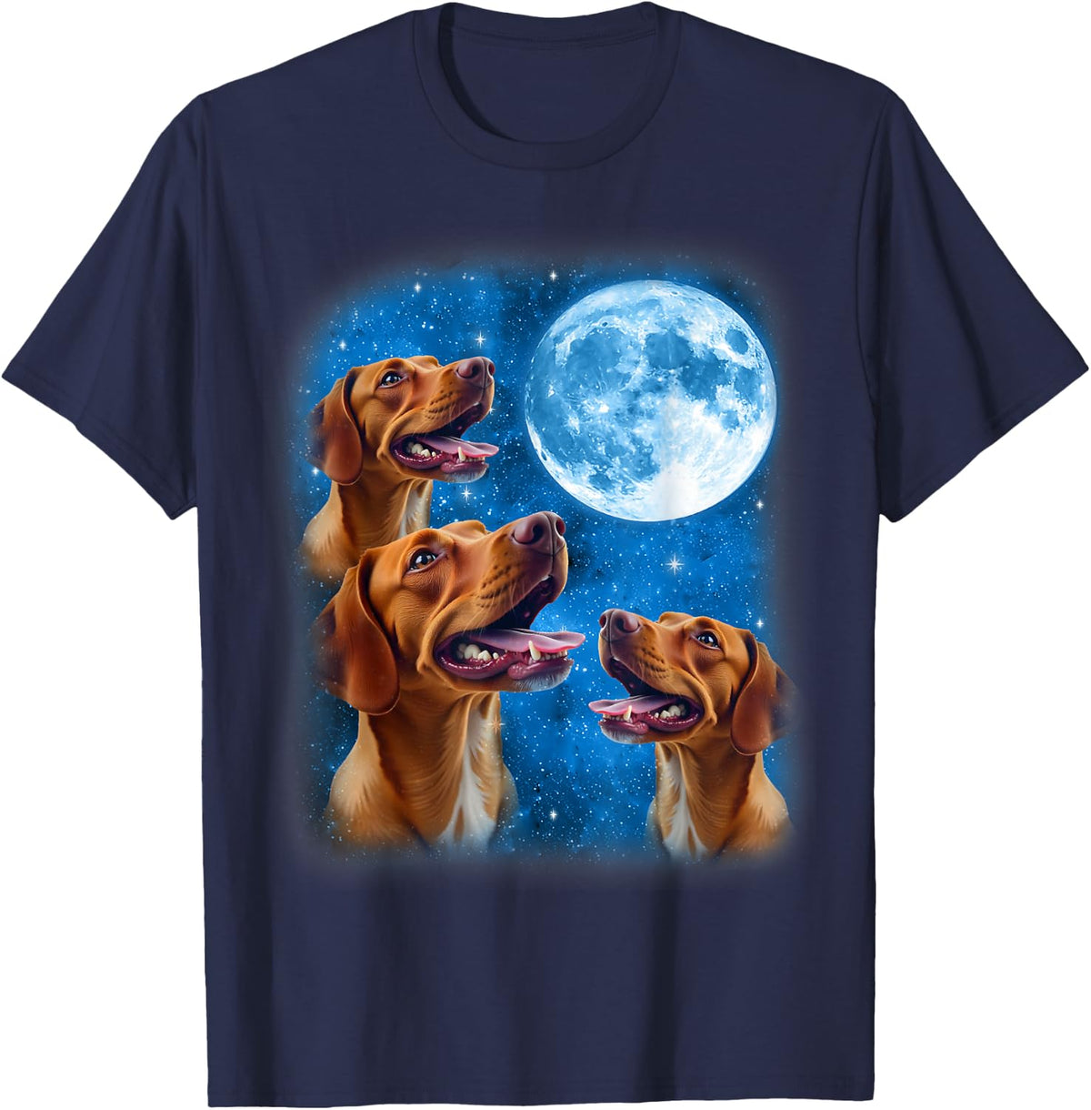 Vizsla Dog Howling At The Space Moon Night Starry Sky T-Shirt - Navy Blue