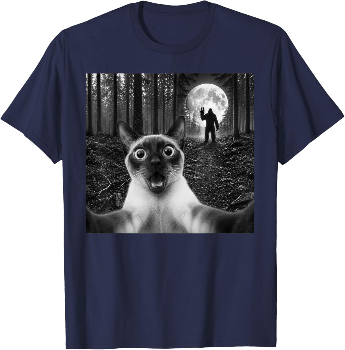 Siamese Cat Selfie with Bigfoot Peace Sign Sasquatch T-Shirt - Navy Blue
