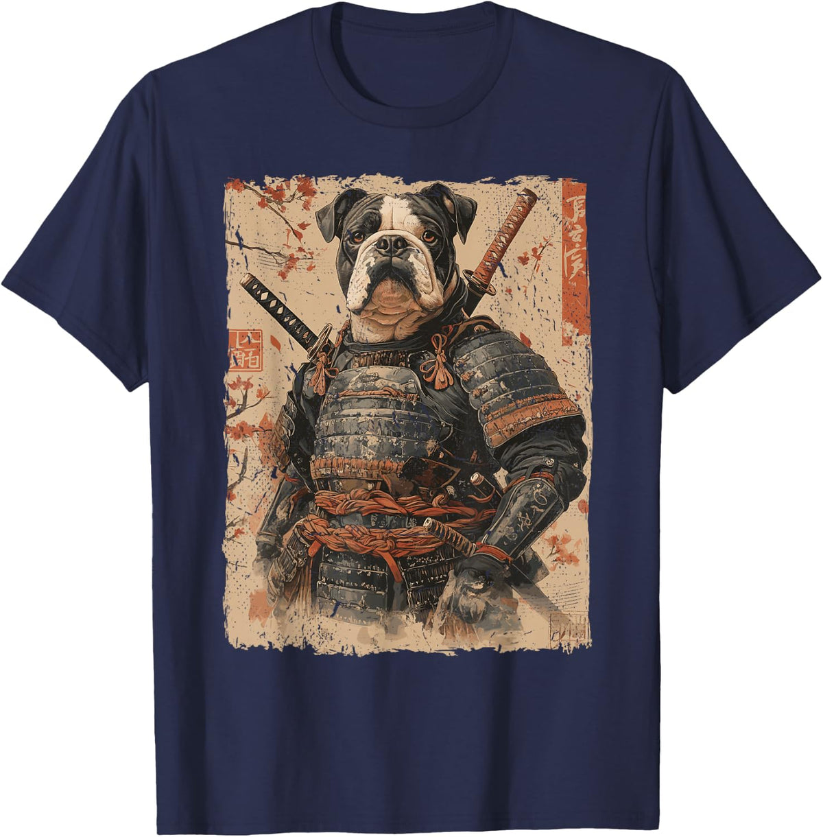Samurai Dog Warrior Japanese Ukiyo-e Artwork Dog Tees T Shirts for Men and Women - Navy Blue