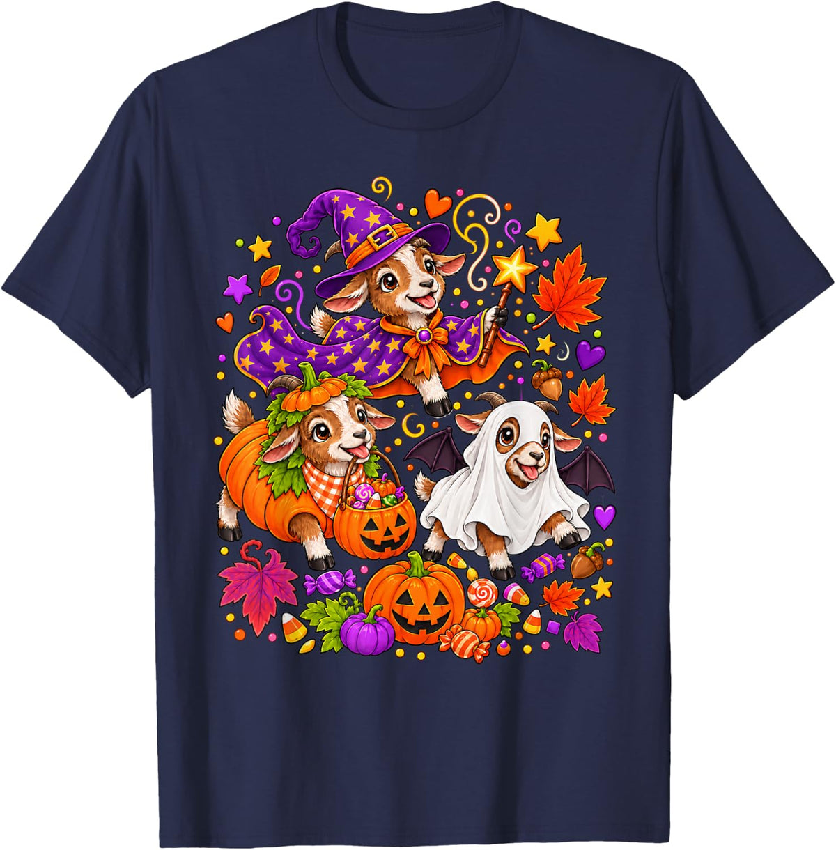 Goat Halloween Witch Ghost Pumpkin Costume T-Shirt - Navy Blue