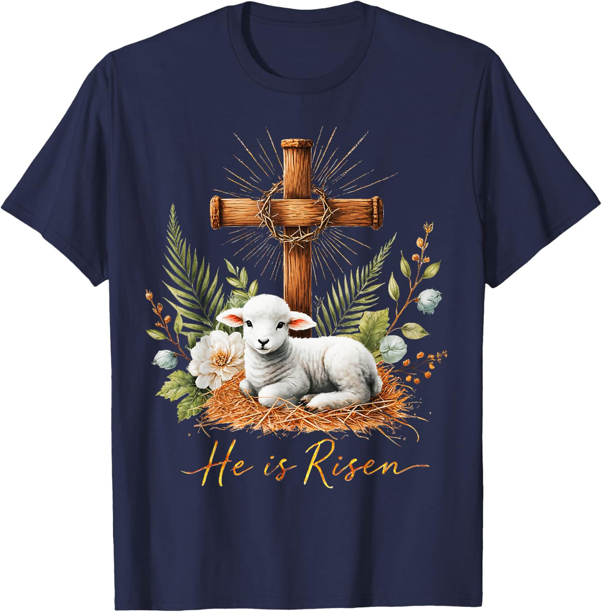 True Easter He is Risen Lamb Crown of Thorn Cross Palm Jesus T-Shirt - Navy Blue