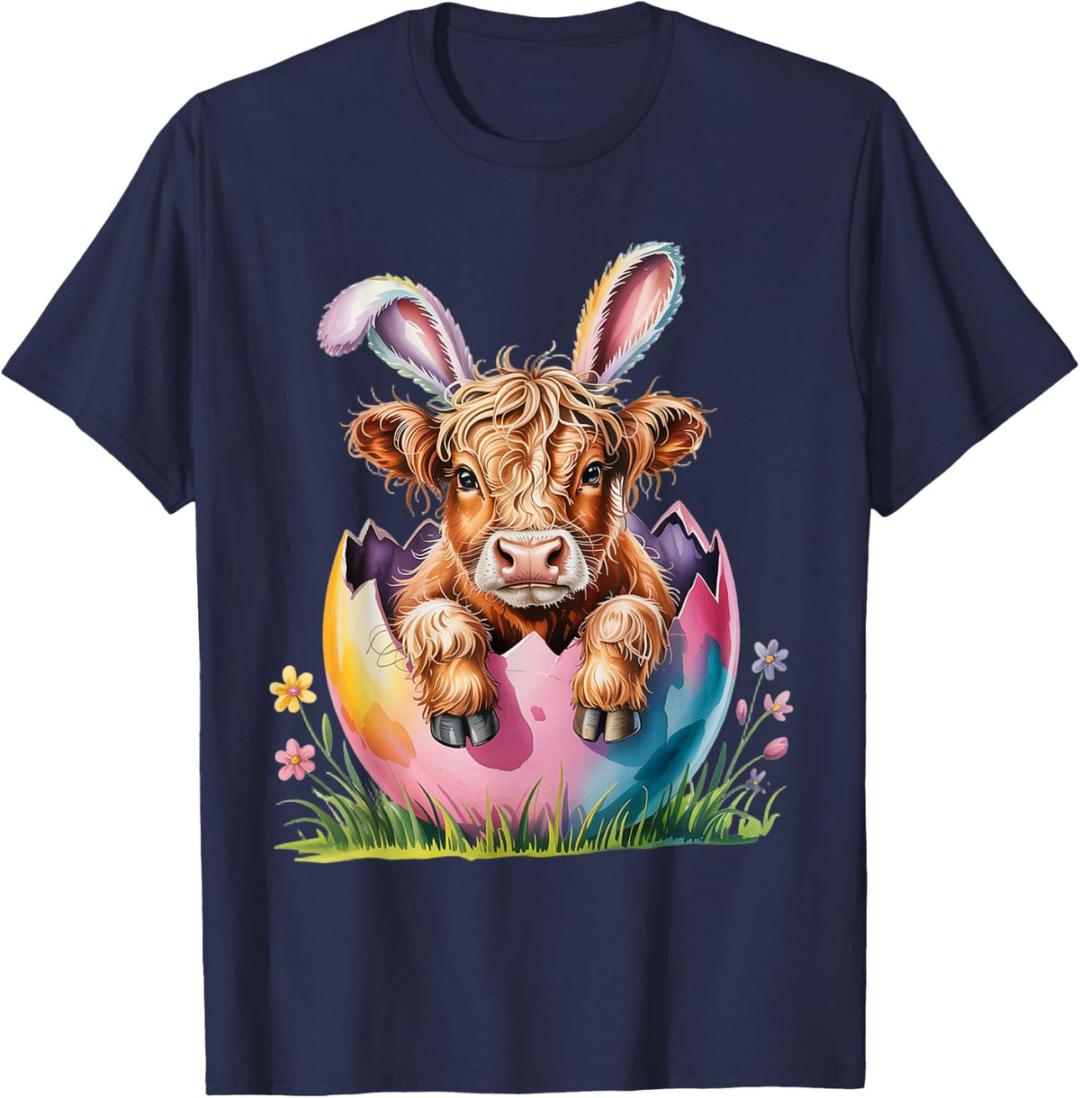 Cute Easter Highland Cow Spring Egg Cows Lover Bunny Ears T-Shirt - Navy Blue