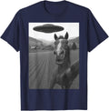 Horse Selfie with Alien UFO Funny Gifts for Men Women Kid T-Shirt - Navy Blue