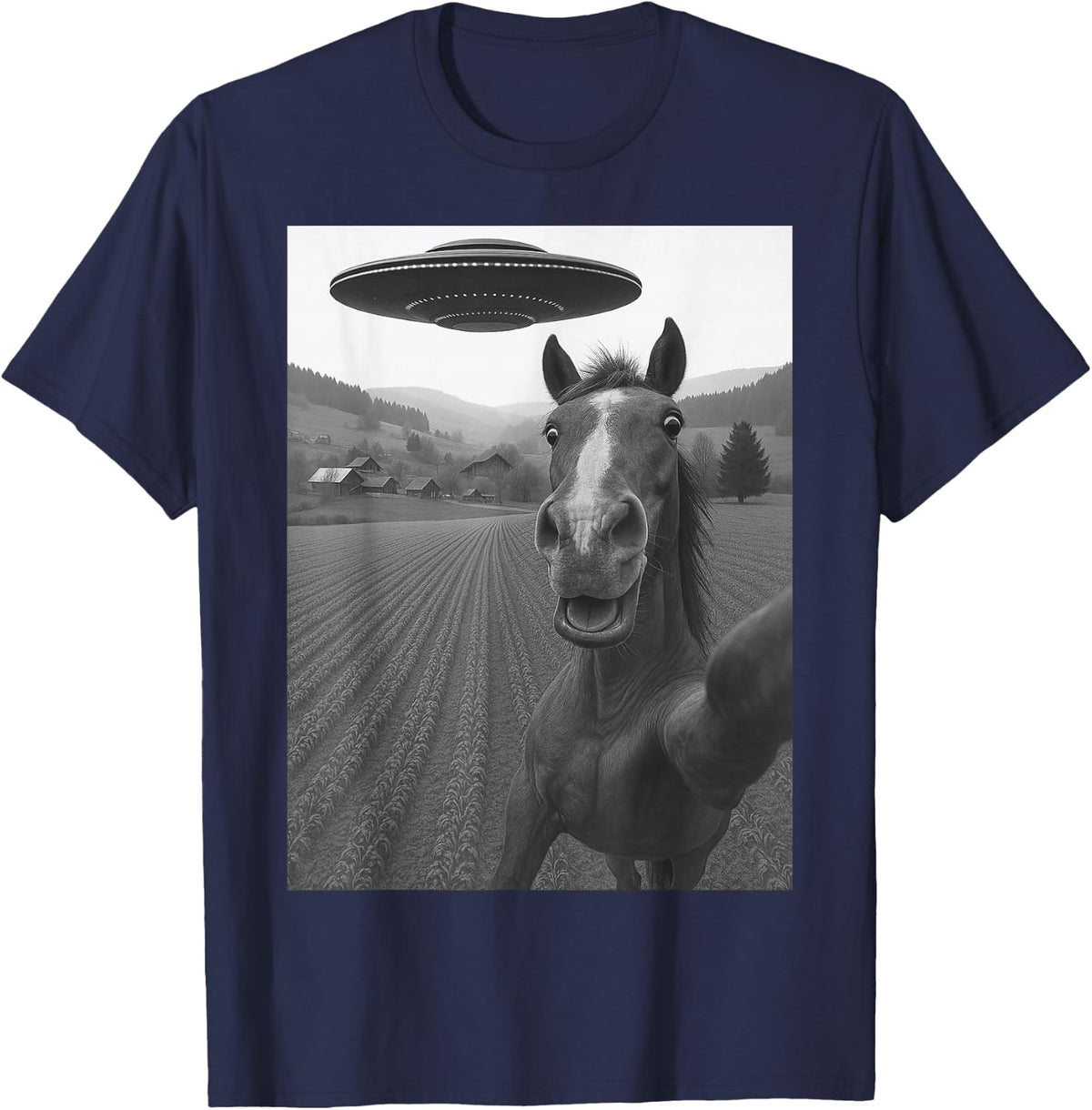 Horse Selfie with Alien UFO Funny Gifts for Men Women Kid T-Shirt - Navy Blue