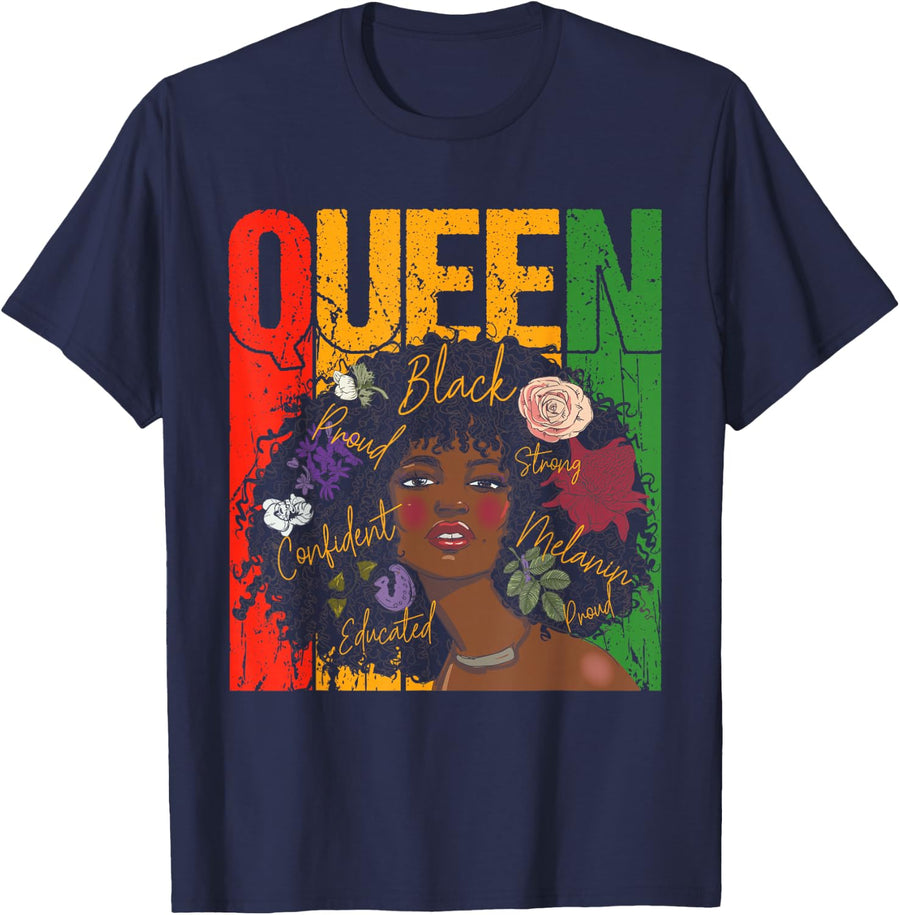 Juneteenth Educated African Queen T-Shirt for Women Black History Month Tees - Navy Blue