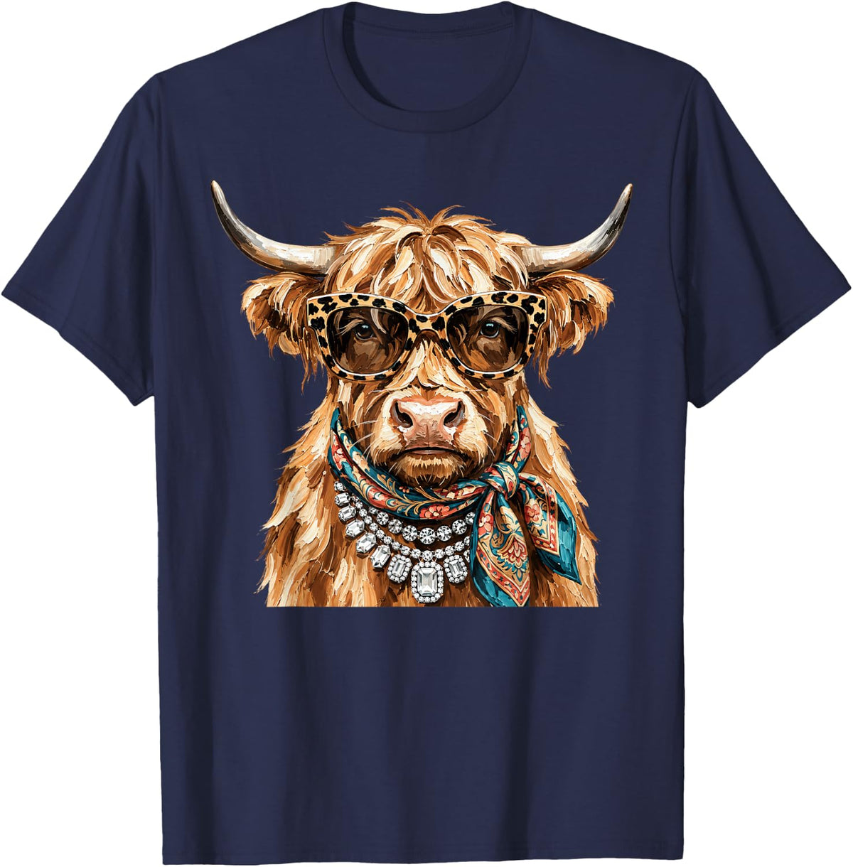 Glam Highland Cow Leopard Glasses Western Cow Lover Women T-Shirt - Navy Blue