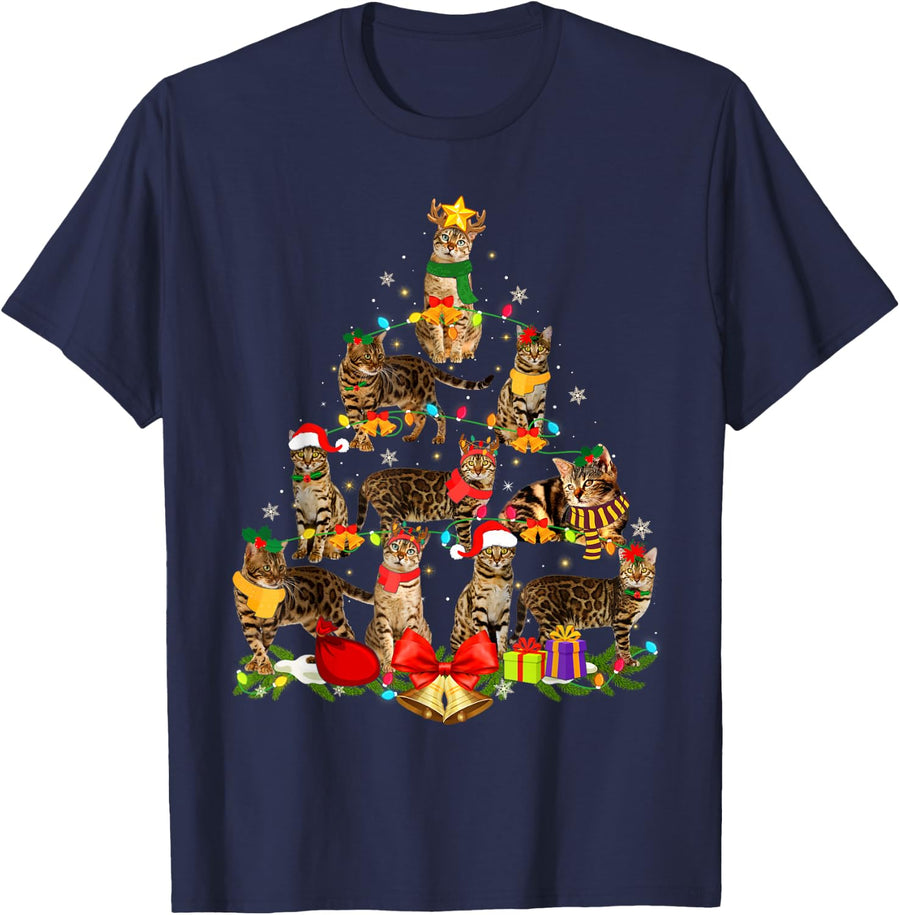 Cat Lover Bengal Tree Christmas Light Kitten Cat Xmas Tree T-Shirt for Men Women Kids - Navy Blue