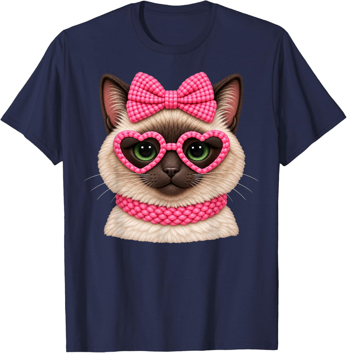 Siamese Cat Pink Bow Heart Sunglasses Cute Feline Love T-Shirt - Navy Blue