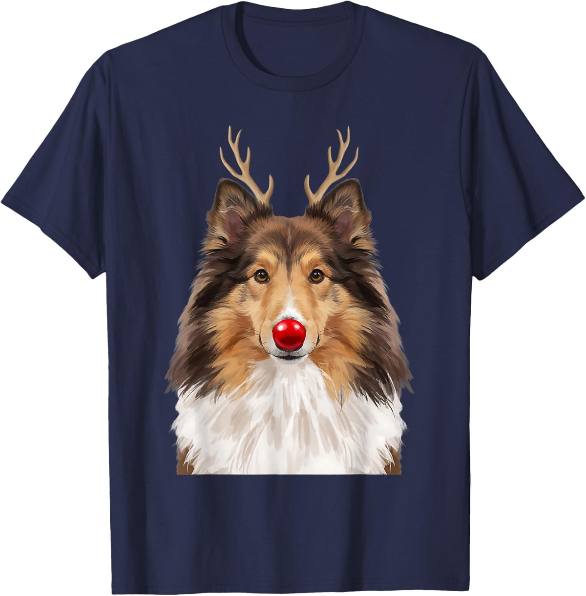 Silly Sheltie Reindeer Antlers Red Nose Puppy Mom and Dad T-Shirt - Navy Blue