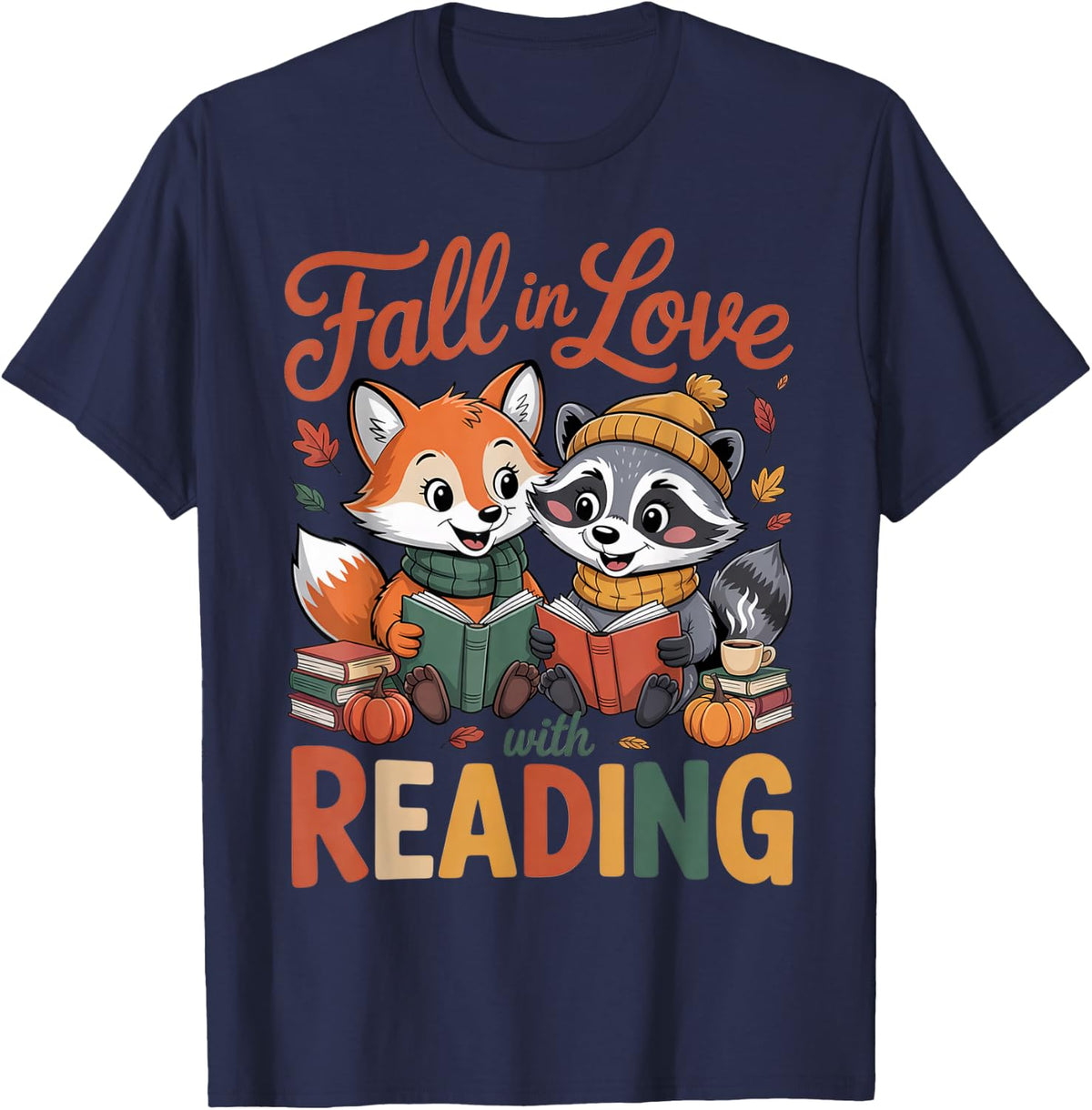 Fall in Love with Reading Fox Raccoon Cute Autumn T-Shirt - Navy Blue