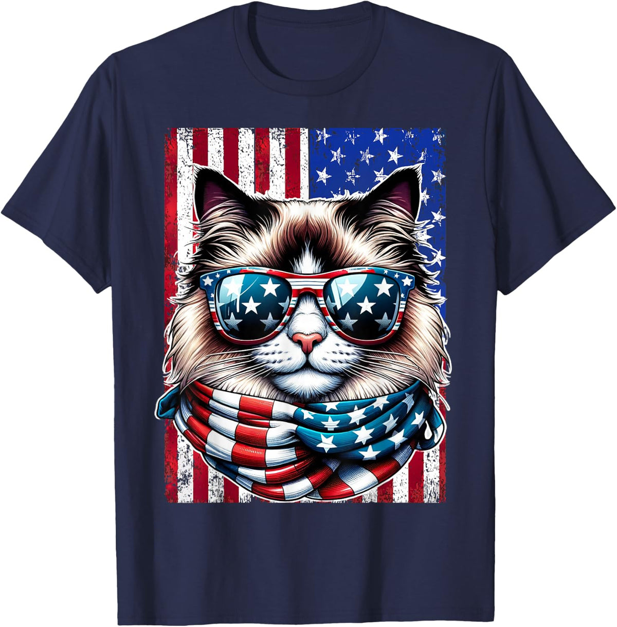 4th of July Ragdoll Cat USA Flag Sunglasses Patriotic Cat T-Shirt - Navy Blue