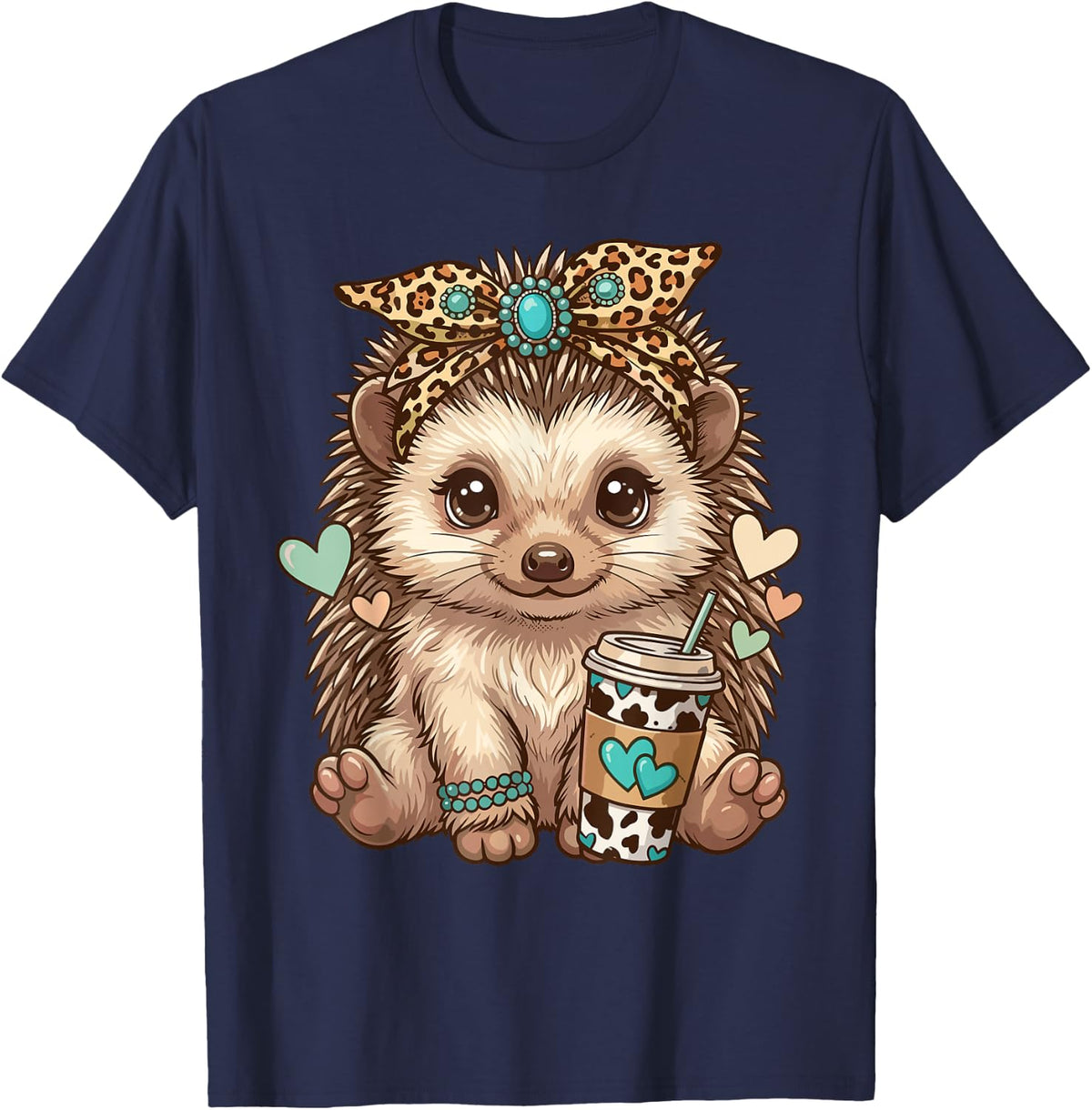 Hedgehog Headscarf Coffee | Hedgehog Lover T-Shirt - Navy Blue