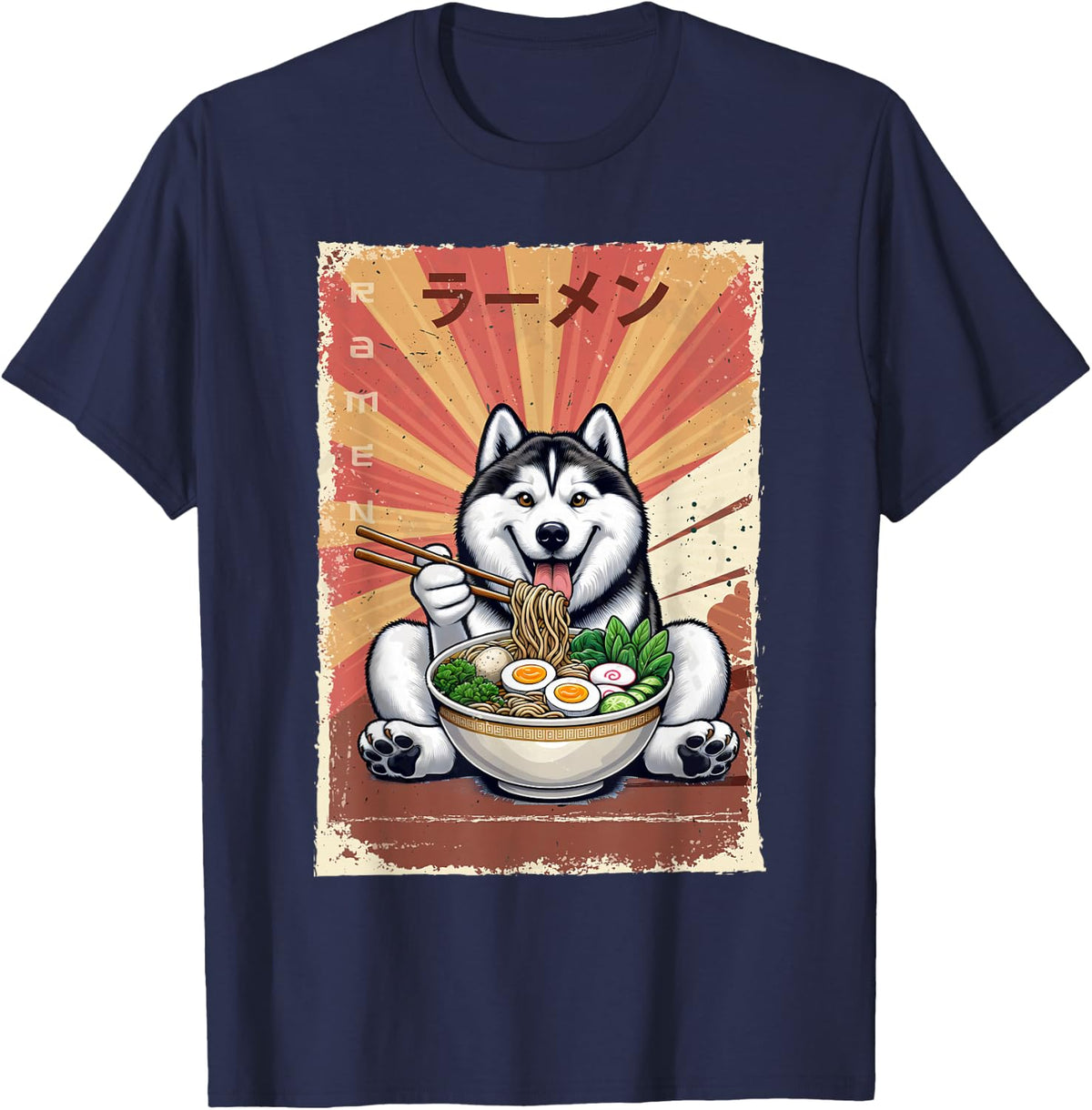 Husky Dog Eating Ramen Japanese Noodles Soup T-Shirt - Navy Blue