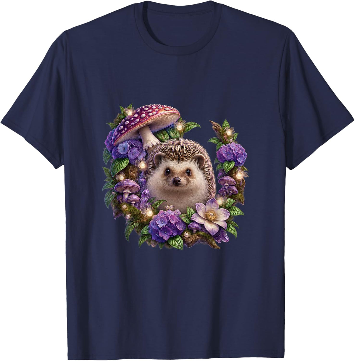 Hedgehog Among Violet Blooms and Mushrooms T-Shirt - Navy Blue