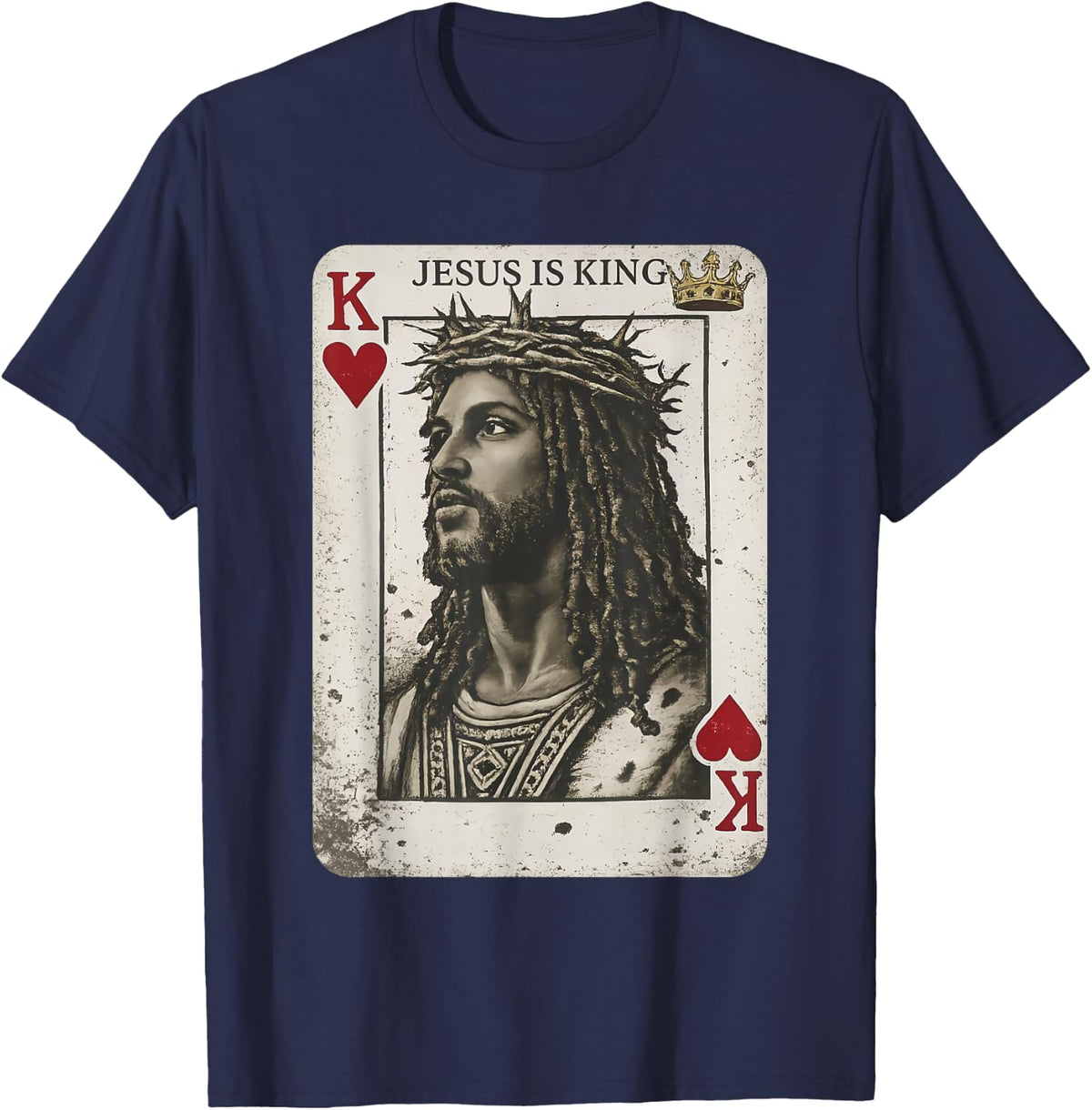 Retro Jesus is King Jesus King of Hearts Card Religious Art T-Shirt - Navy Blue
