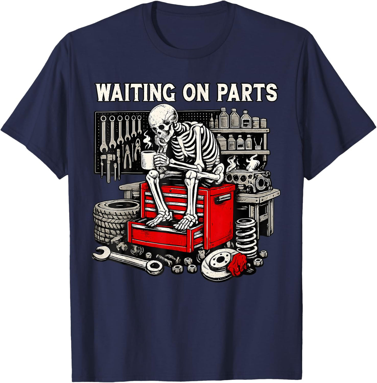 Funny Waiting On Parts Retro Mechanic Skeleton Tees T Shirts Auto Repair Gift - Navy Blue