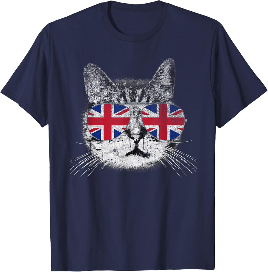 Cat Shirt Union Jack Flag Country Retro England British UK T-Shirt - Navy Blue
