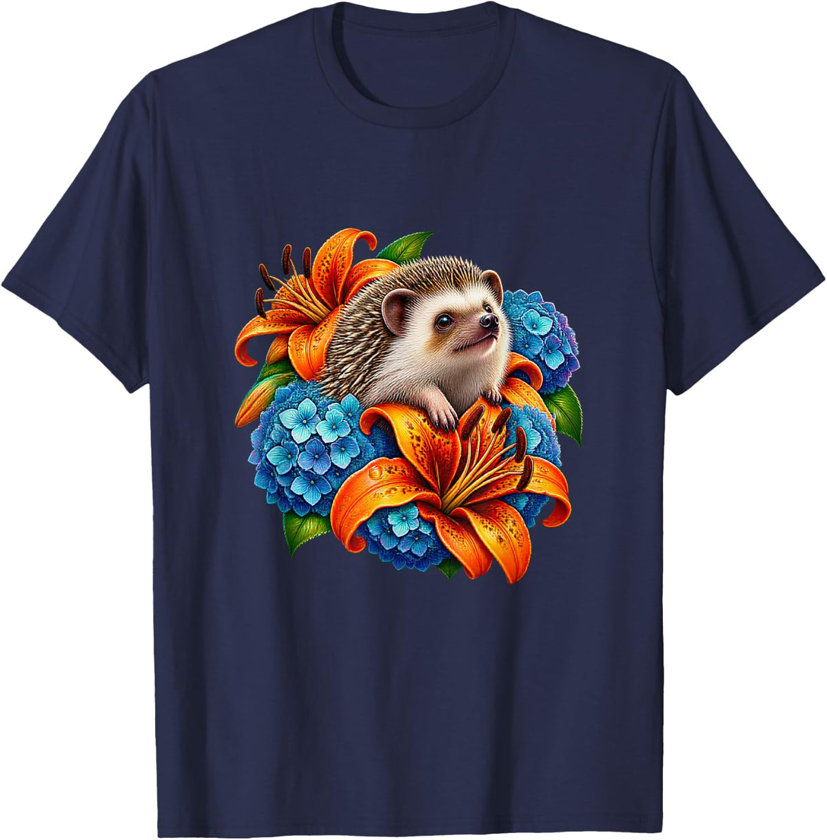 Hedgehog with Orange Tiger Lilies and Blue Hydrangeas T-Shirt - Navy Blue