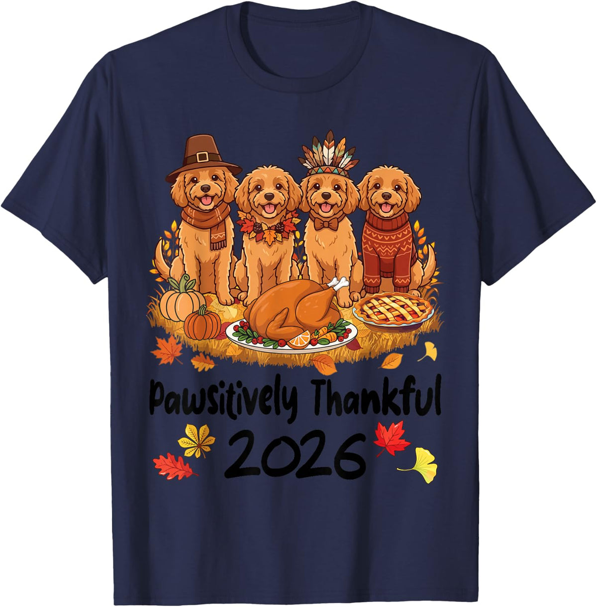 Pawsitively Thankful 2026 Cavapoo Dogs Thanksgiving Autumn T-Shirt - Navy Blue