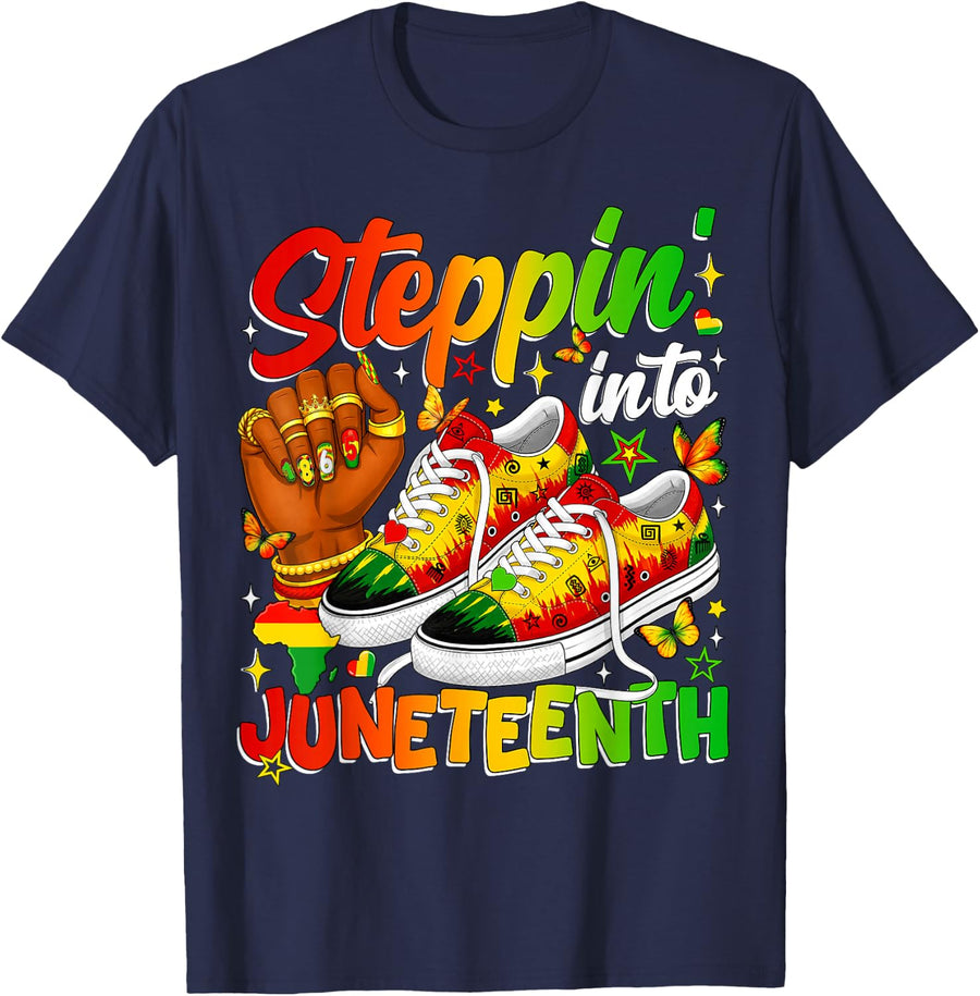 Steppin Into Juneteenth Shoes Black History T-Shirt Tee Women Girls Kids - Navy Blue