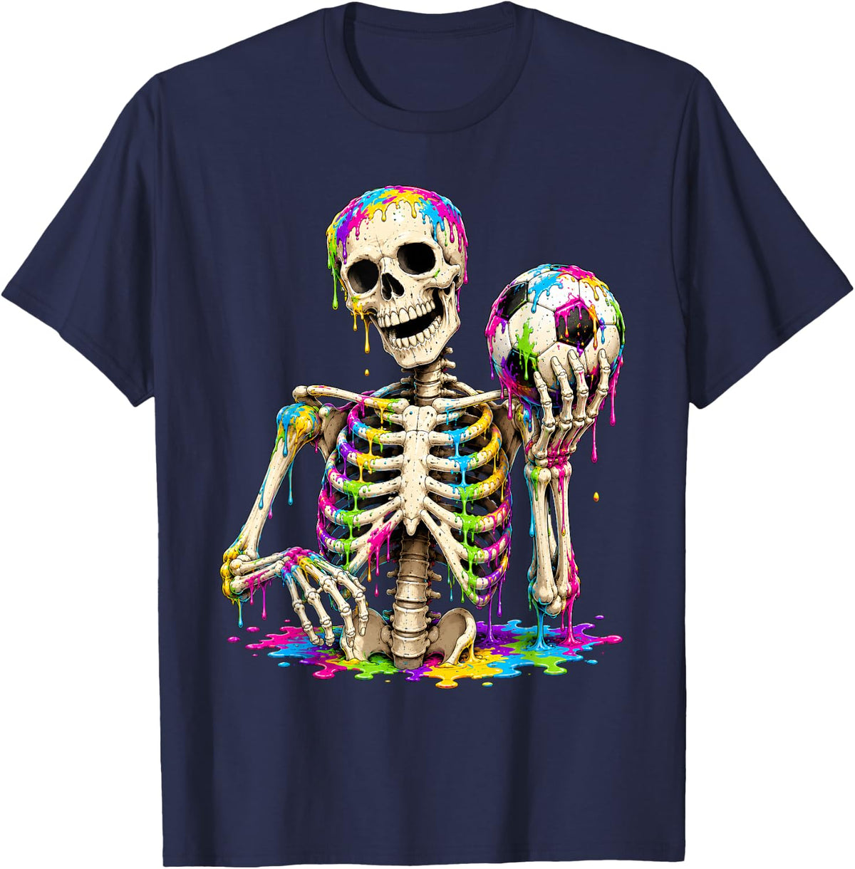 Skeleton Playing Soccer Ice Cream Drip Halloween Boys Men T-Shirt - Navy Blue