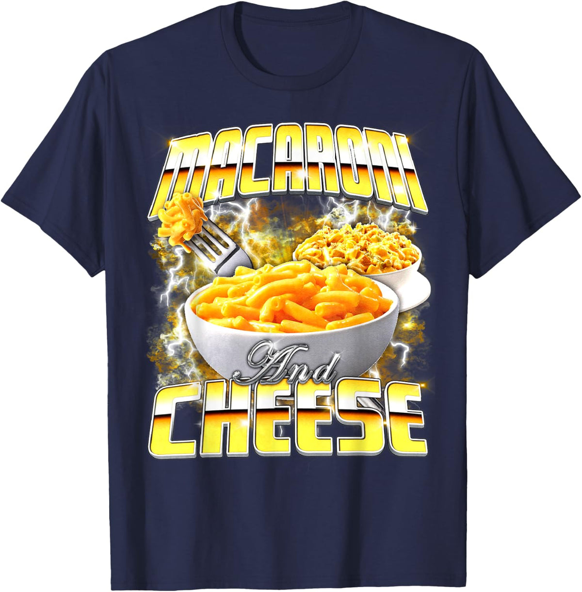 Macaroni and Cheese Meme Bootleg Rap Style 90s Vintage Funny T-Shirt - Navy Blue