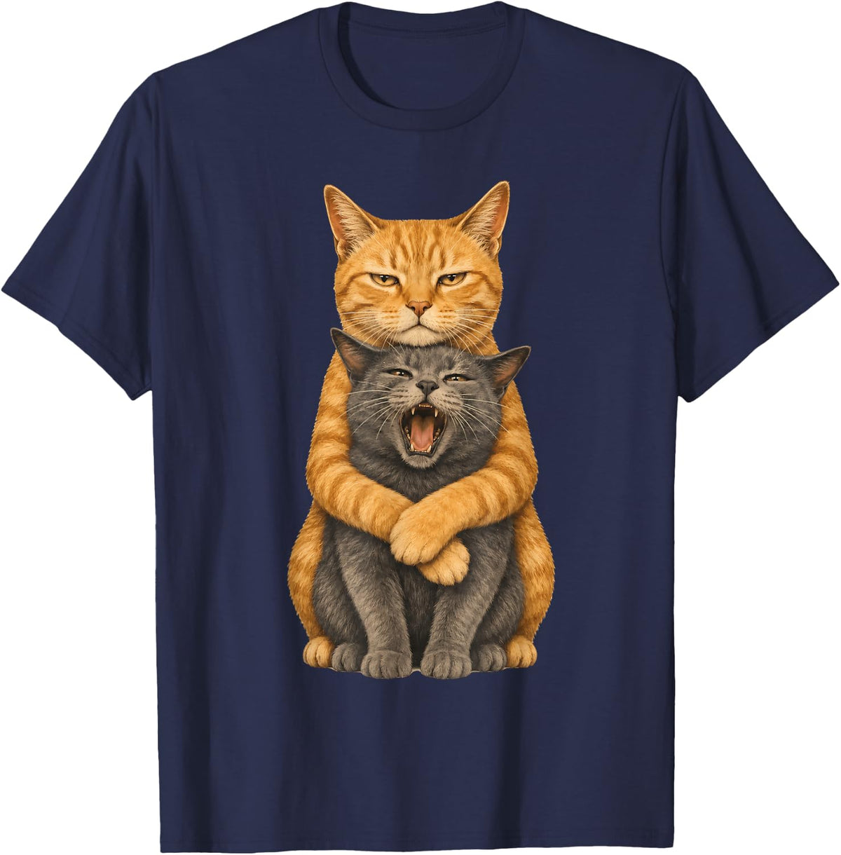 Funny Cat Hug Orange Tabby Gray Cat Pet Lover T-Shirt - Navy Blue