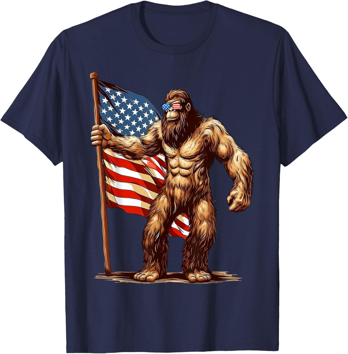 American Flag Bigfoot Sunglasses Patriotic 4th of July USA T-Shirt - Navy Blue