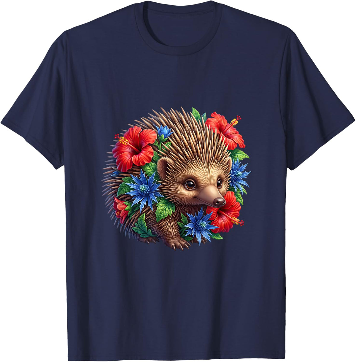 Hedgehog with Red and Blue Flowers T-Shirt - Navy Blue