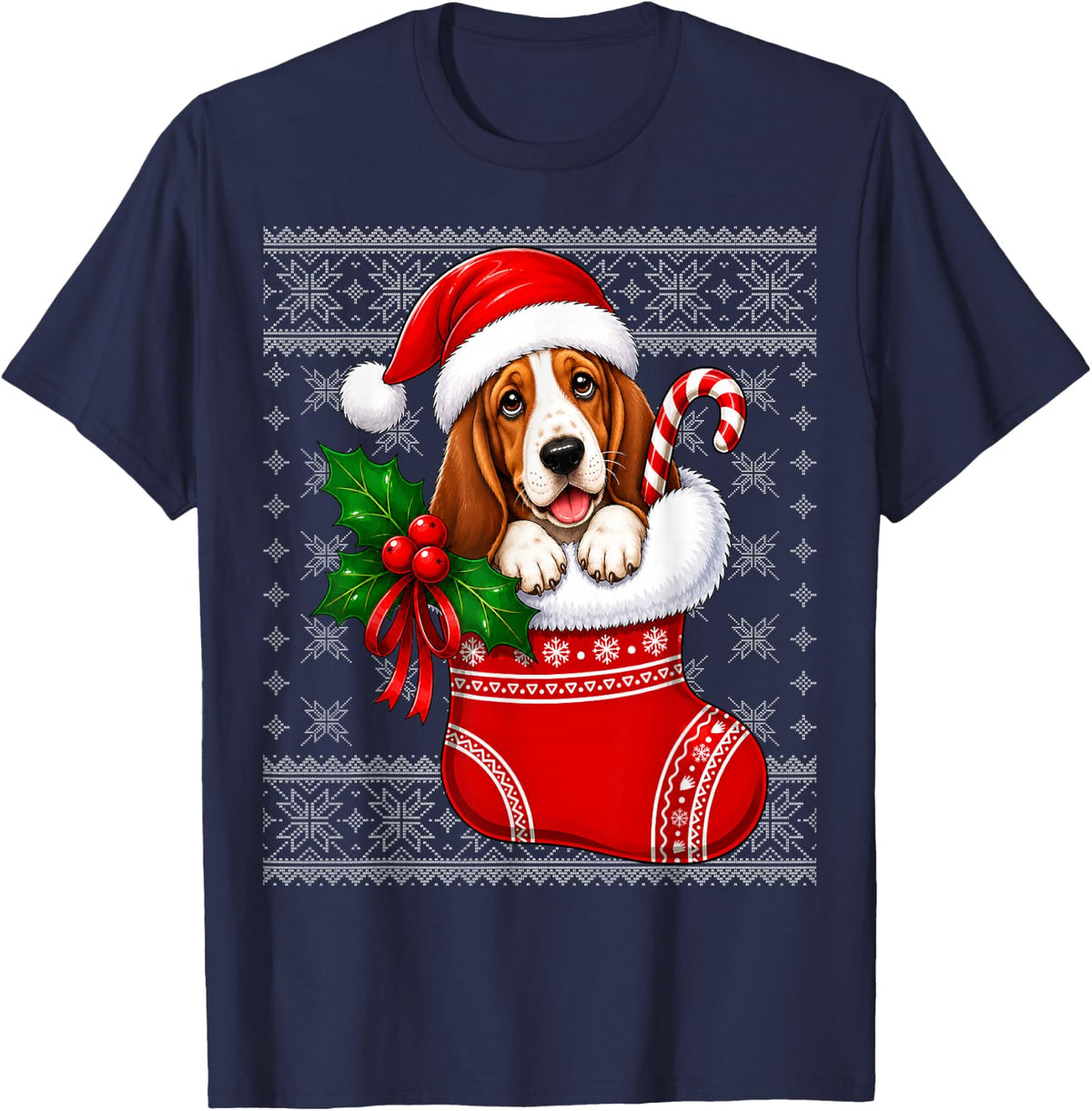 Basset Hound Dog Christmas Stocking Cute Festive Ugly Xmas T-Shirt - Navy Blue