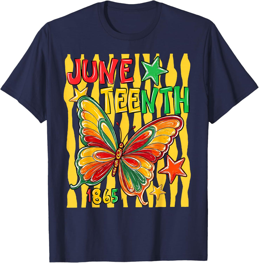 Striped Juneteenth Butterfly African American Tee T Shirt 1865 Freedom Day - Navy Blue