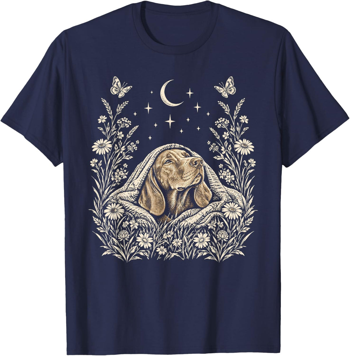 Vizsla Dog Under Blanket Moon Wildflowers T-Shirt - Navy Blue