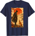 Samurai and Shiba Inu Red Sun Maple Leaves Vintage Japanese T-Shirt - Navy Blue