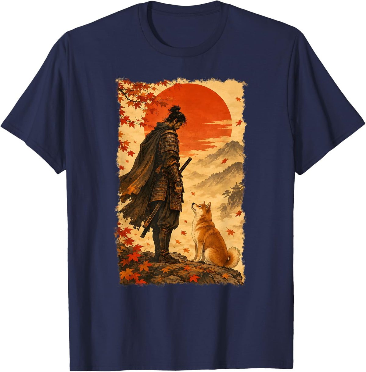Samurai and Shiba Inu Red Sun Maple Leaves Vintage Japanese T-Shirt - Navy Blue