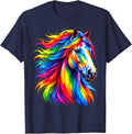 Rainbow Horse Portrait Equestrian Lover T-Shirt - Navy Blue