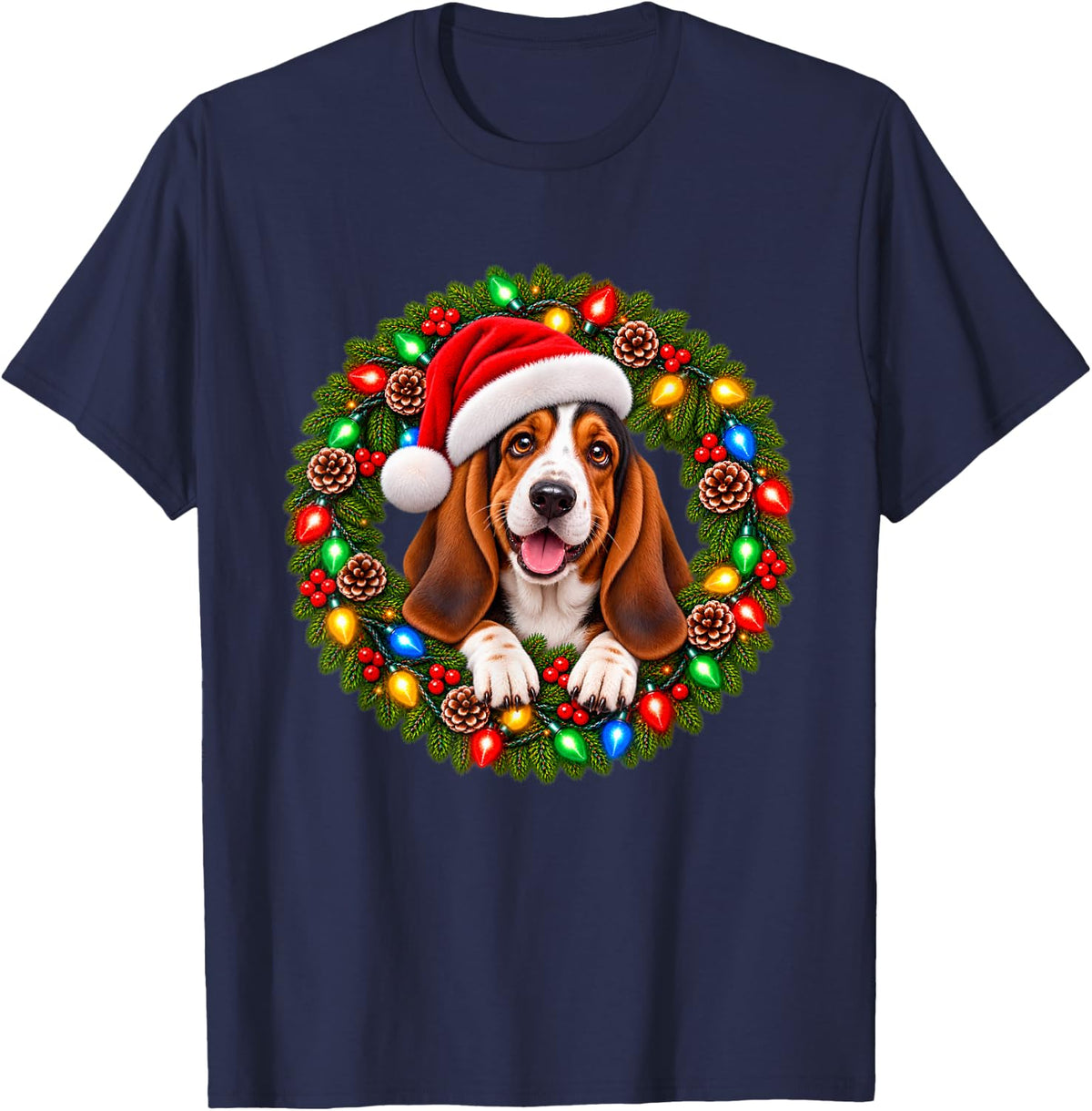 Basset Hound Christmas Wreath with Santa Hat Portrait T-Shirt - Navy Blue