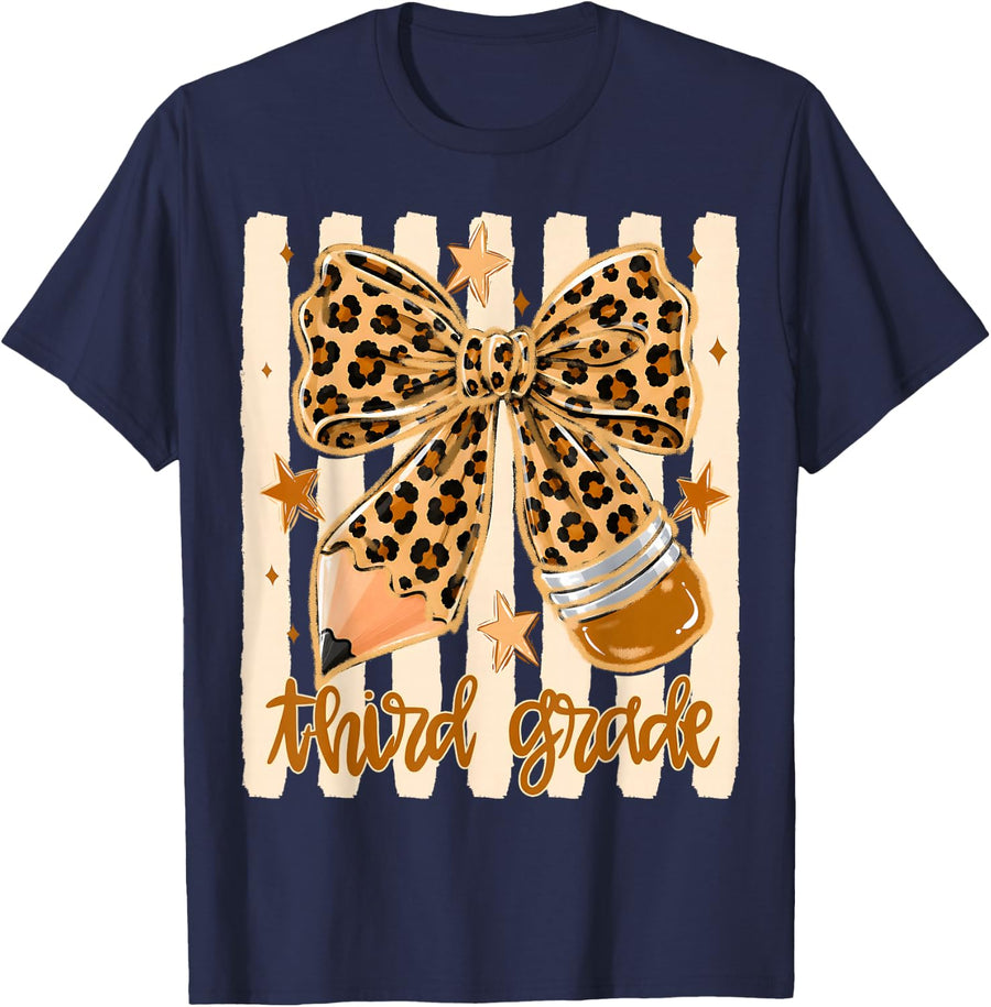 Leopard 3rd Grade Bow Floral Back to School Teachers Kids T-Shirt - Navy Blue