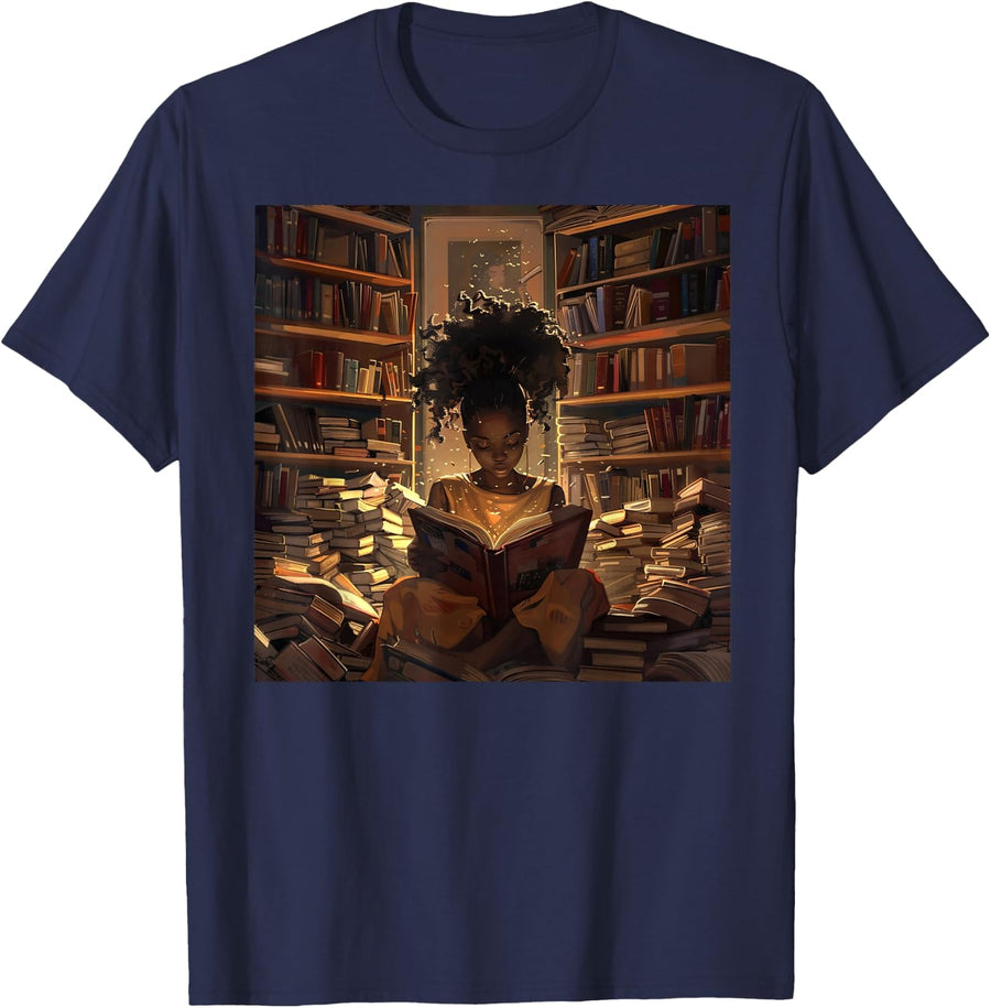 Melanin Afro Women Educated Reading Book Black History T-Shirt Tee for Women - Navy Blue