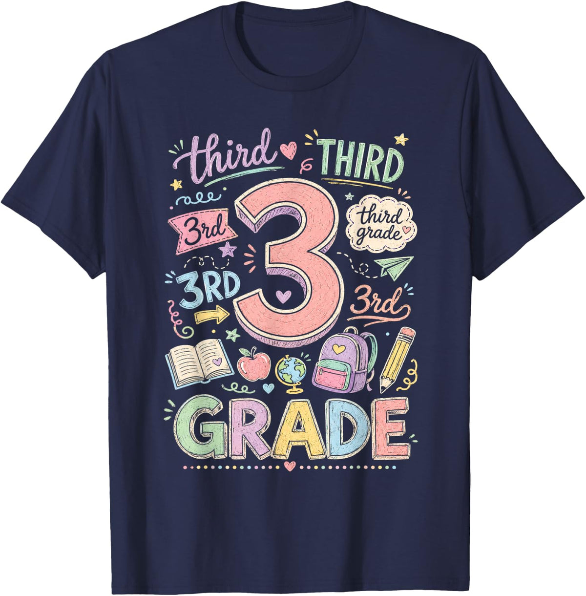 Third 3rd Grade Typography Team Teacher Back to School Kids T-Shirt - Navy Blue