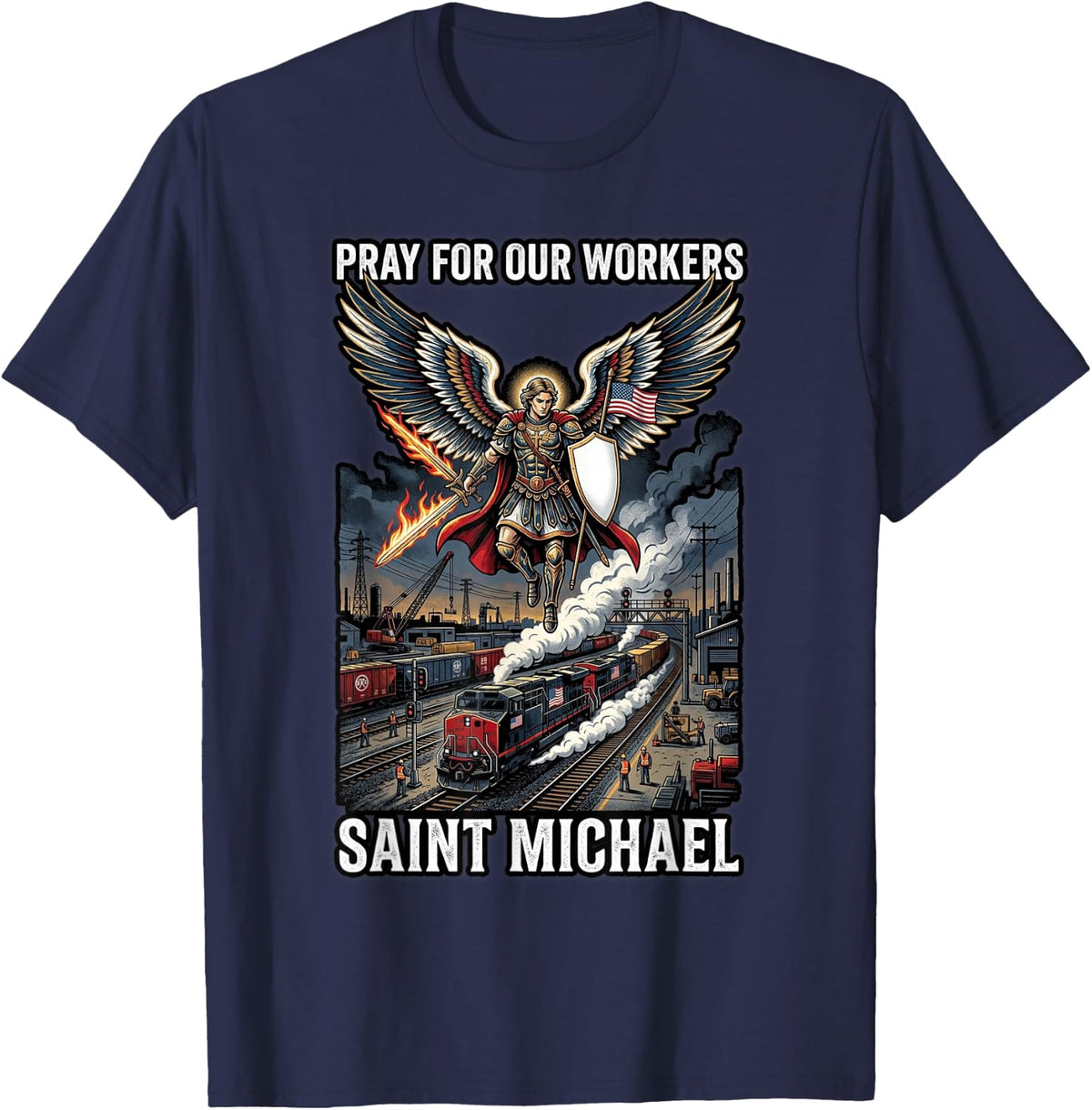 Saint Michael Above Mine Head Flag Lamps Catholic T-Shirt - Navy Blue